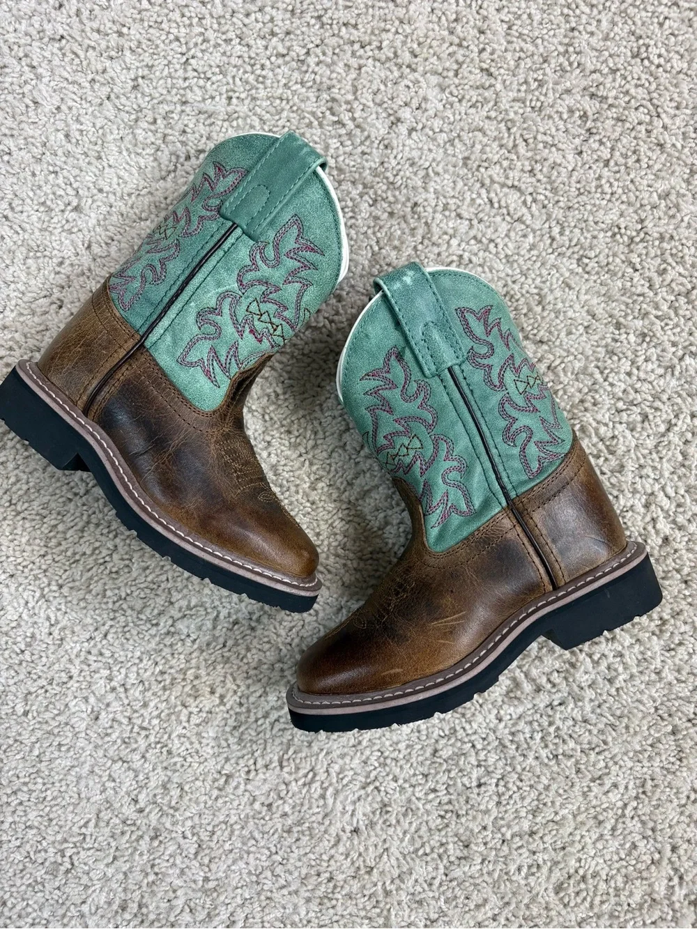 MINT! Boy's DAN POST Green & Brown Leather SQUARE Toe WESTERN CowboyRODEO BOOTS